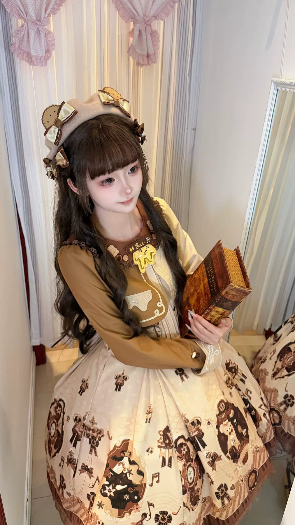Cream Bear - Print Kawaii Lolita Fake Two-Piece OP, A-lined JSK Dress 44502:811625