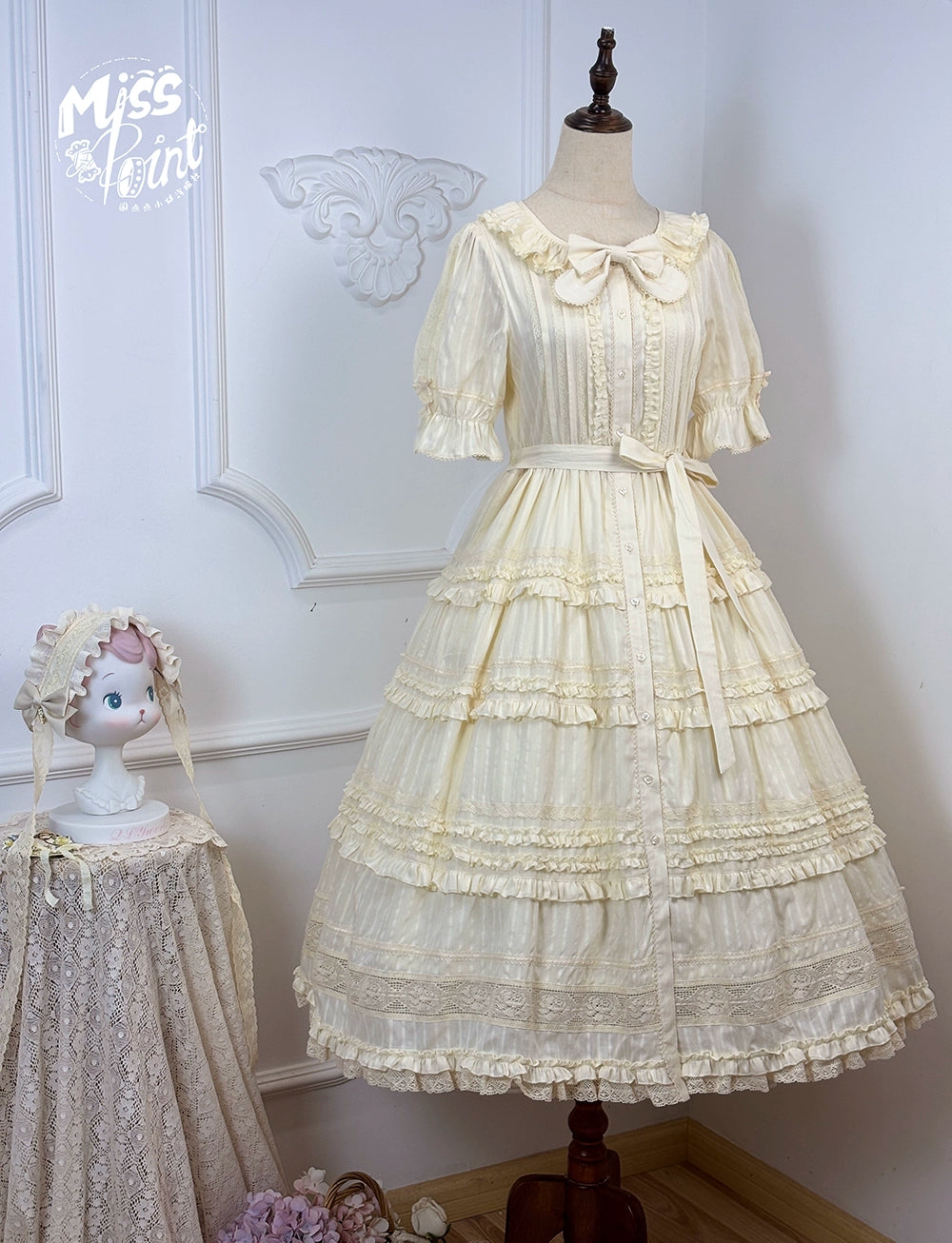 Miss Point~Cat Rose Tea~Elegant Lolita OP Open-front Short Sleeve Tiered Dress 42135:727820