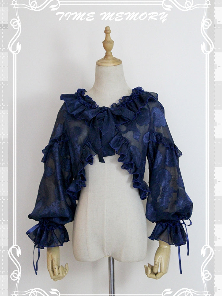 Time Memory~Xianbei~Sweet Lolita Chiffon Lantern Sleeve Cardigan with Bow S navy blue 