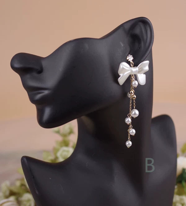 Classic Lolita Artificial Pearl Earrings with Rhinestone Style B - Bow Stud Earrings