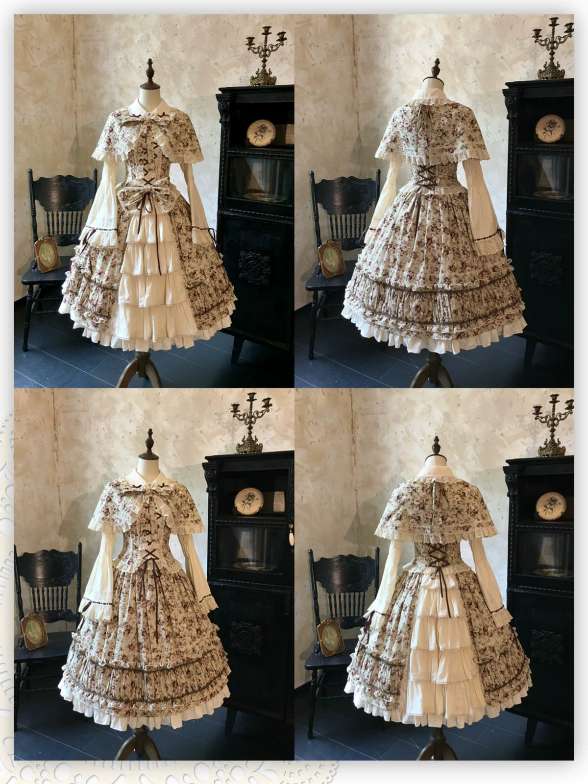 Old Rose Garden - Cotton Old School Lolita Top & Skirt Set, Floral Print 45886:866522