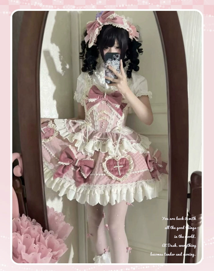 Sakurahime~Cross Sweetheart~Pink Sweet Lolita JSK Dress Doll Lolita Short Dress