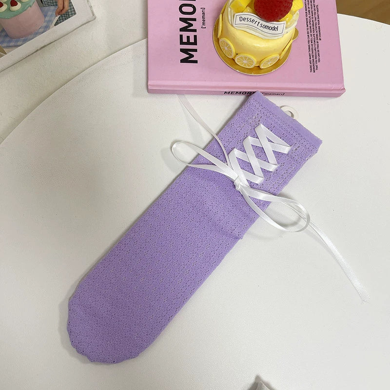 WAGUIR~Daily Lolita Socks Lace Mid-tube Ballet Socks for Spring and Summer Purple Free size 