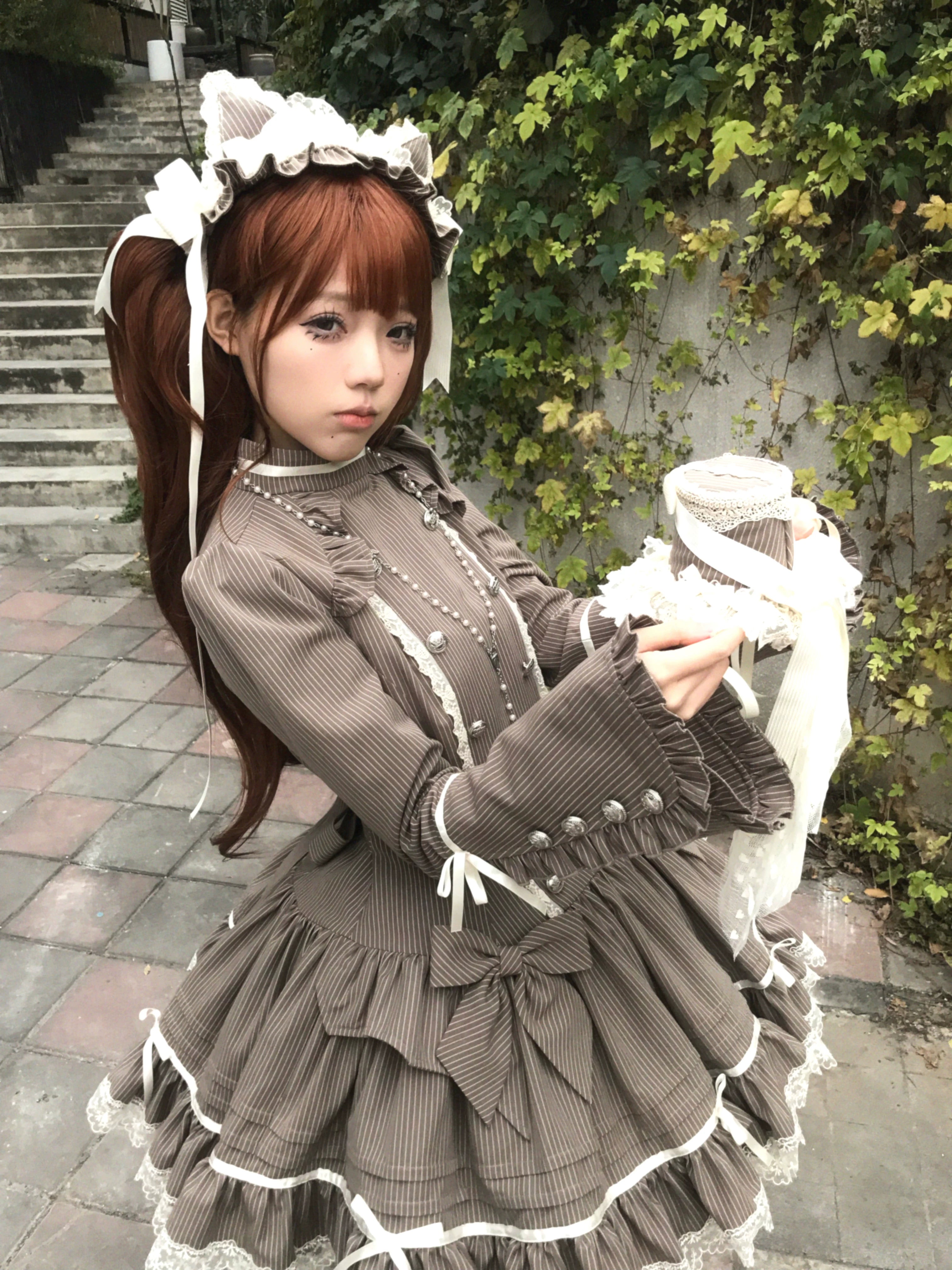 Phantom Kitty - Old School Lolita Low Waist OP Dress, Lace & Bow 45119:836240