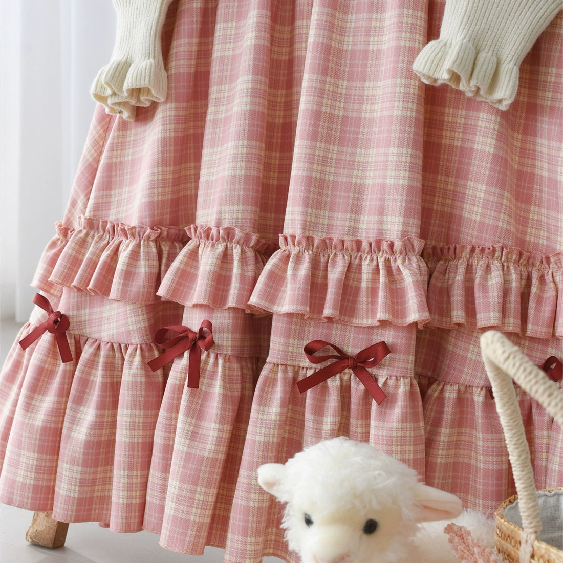 EESSILY - Green Fairy Tales - Classic Lolita Plaid JSK Plus Size Lolita Dress Dark red + warm pink (JSK only) S