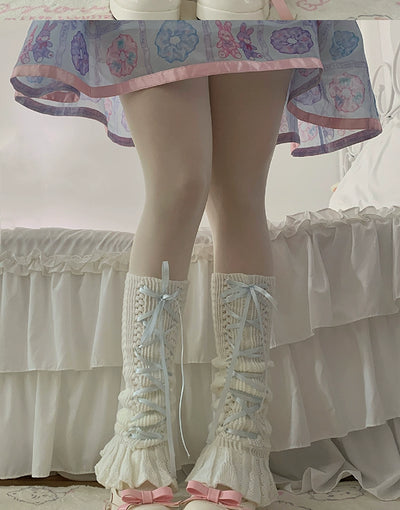 Roji Roji~Sweet Lolita JK Girl Bow Socks Leg Warmer Butterfly Knot Free size Blue ribbon 