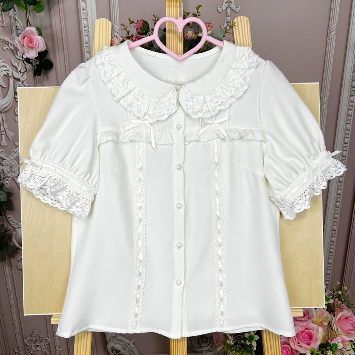 DMFS~Sweet Lolita Shirt Vintage Doll Collar Summer Top milky white S 