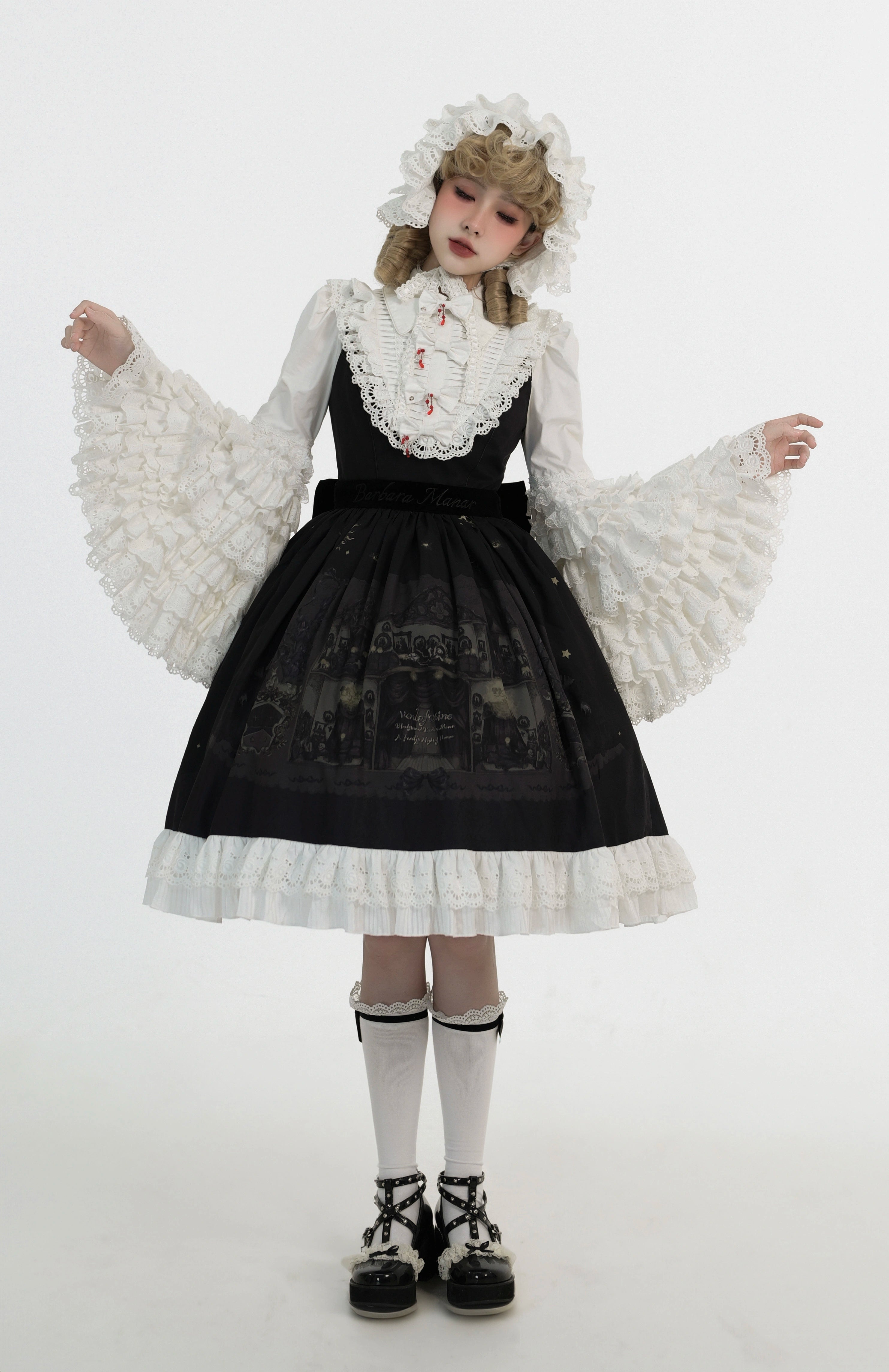 Dark Circle Clinic - Barbara Manor Night - Gothic Lolita JSK Pleated Floral Print Lolita Dress XS Black - Short JSK