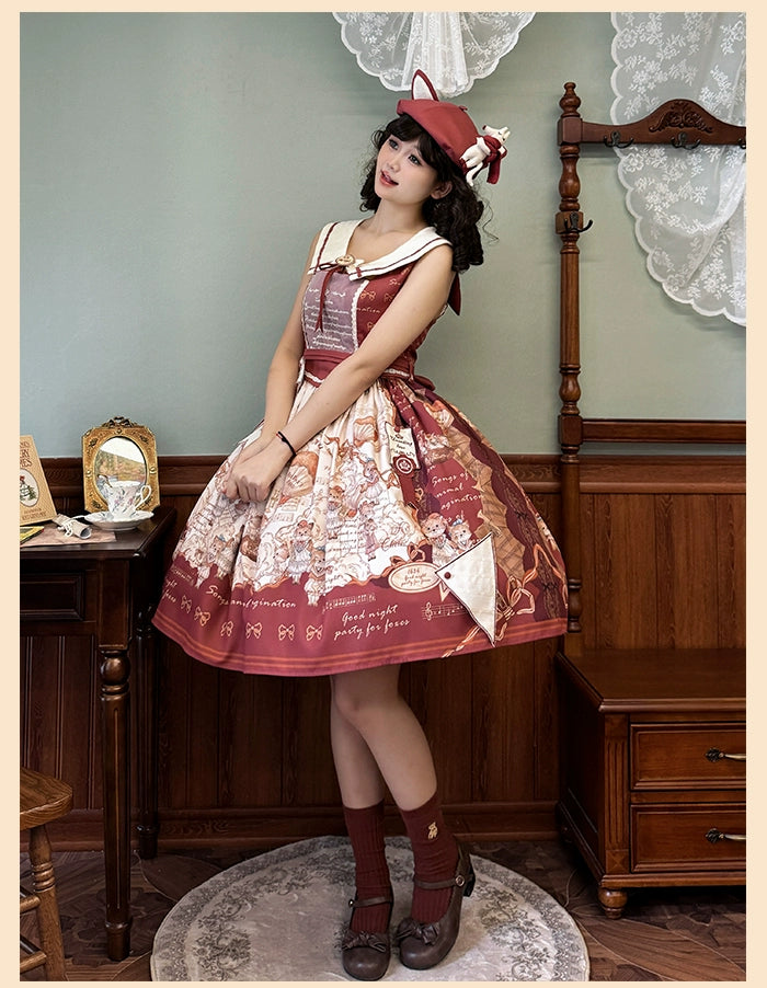 Alice Girl~Fox Band~Printed Sweet Lolita JSK Dress Square Neckline Daily Dress