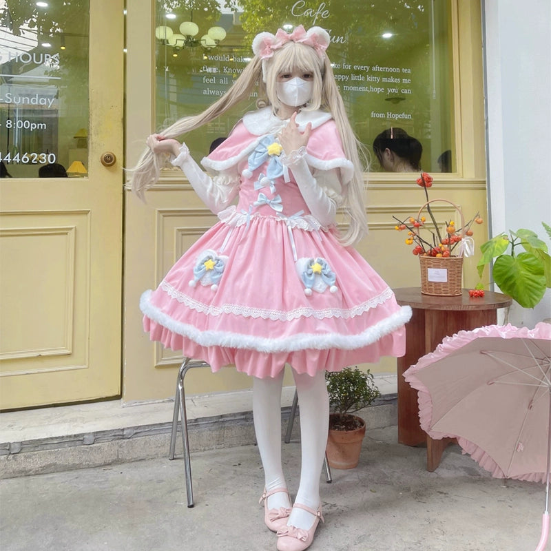 Hanguliang~Christmas Star Wish~Christmas Sweet Lolita JSK Winter Jumper Dress S Pink JSK + cape 