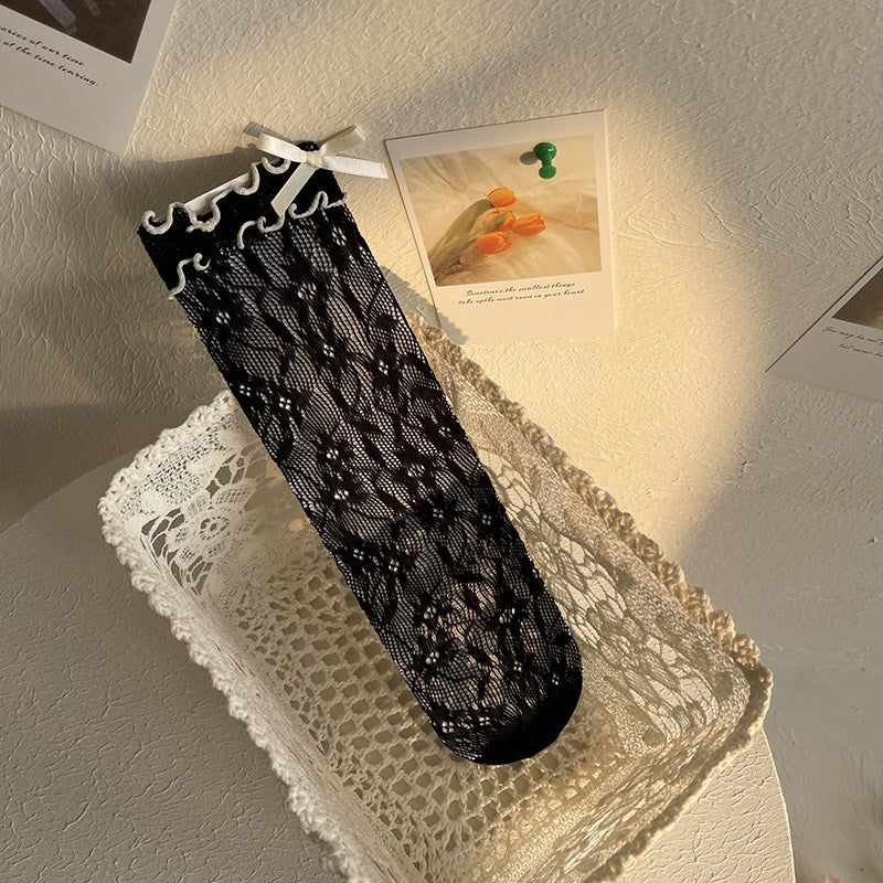 WAGUIR~Kawaii Lolita Thin Lace Socks free size black socks yellowish knot 