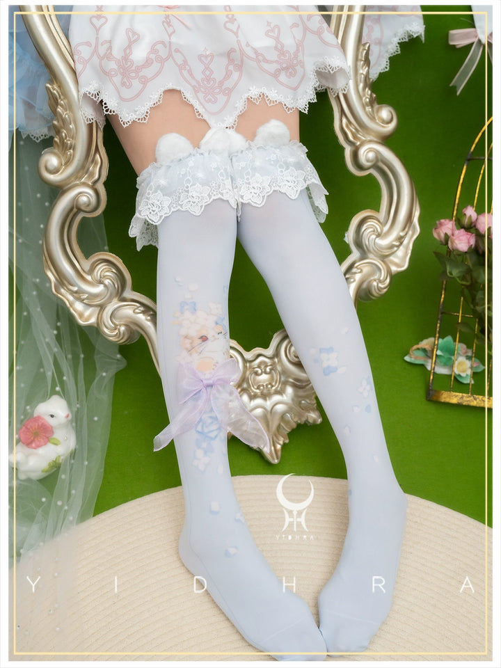 Yidhra~Animal Garden~Kawaii Lolita Calf Socks Cat Rabbit Print Stockings Blue - Stockings