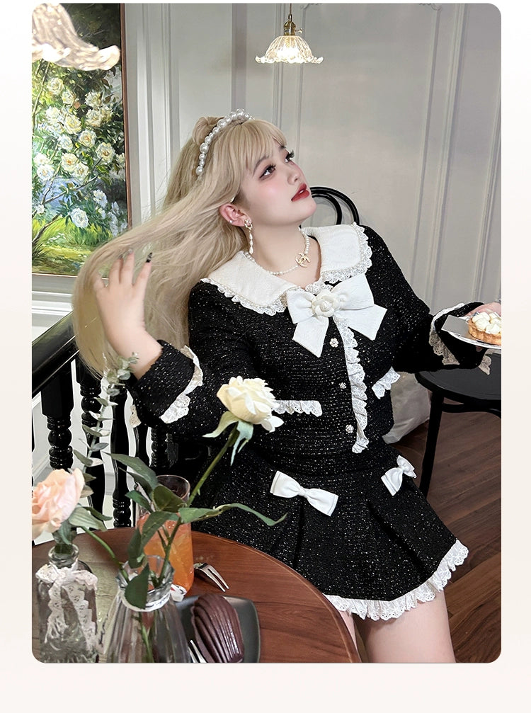 Yingtang~Plus Size French Style Suit Long Sleeve Black Coat Bow Skirt   