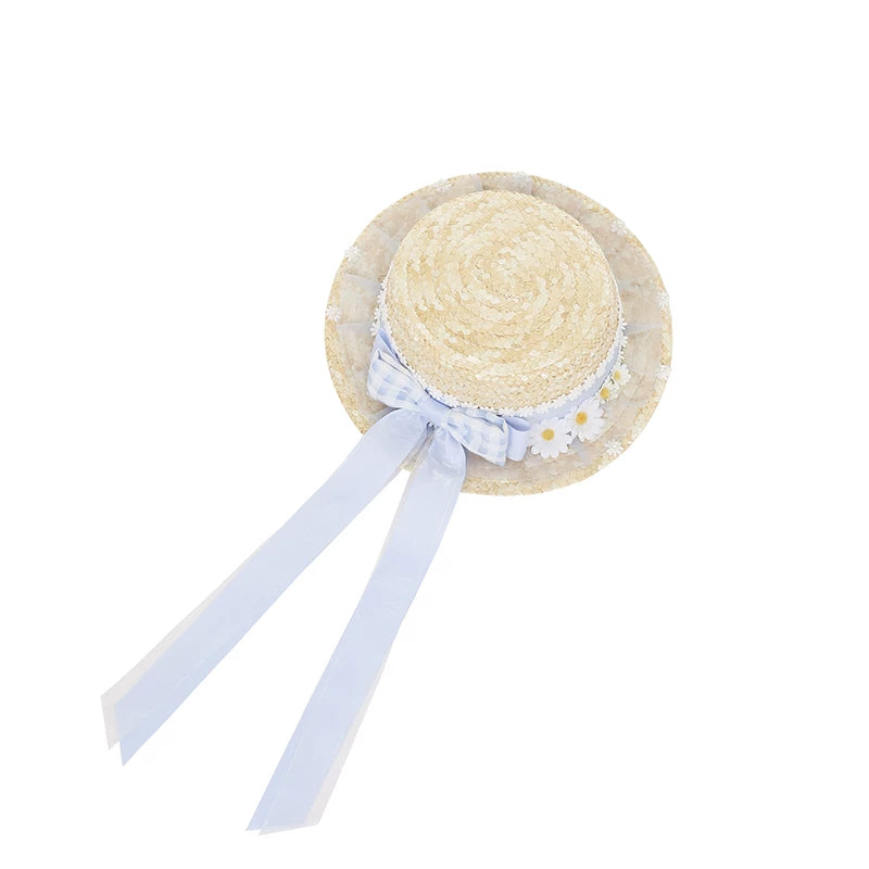Daisy Cake - Blue Plaid Sweet Lolita JSK Dress, Daisy-trimmed Bows Straw Hat Only S