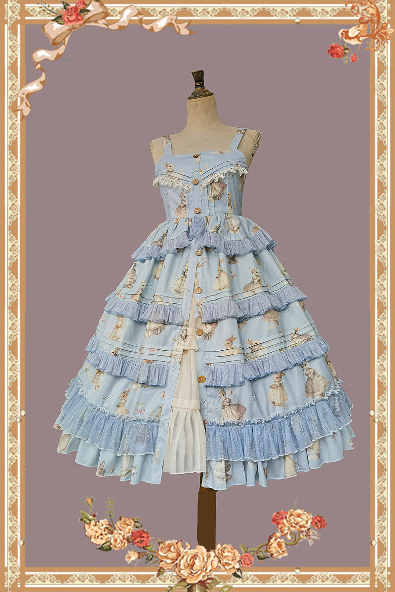 Infanta~Elegant Lolita JSK Dress Tiered Rabbit Prints Middle Split Dress S SAX Color JSK 