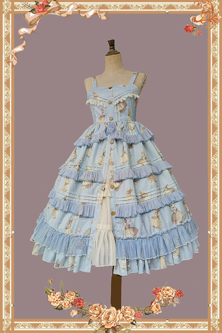 Infanta~Elegant Lolita JSK Dress Tiered Rabbit Prints Middle Split Dress S SAX Color JSK 