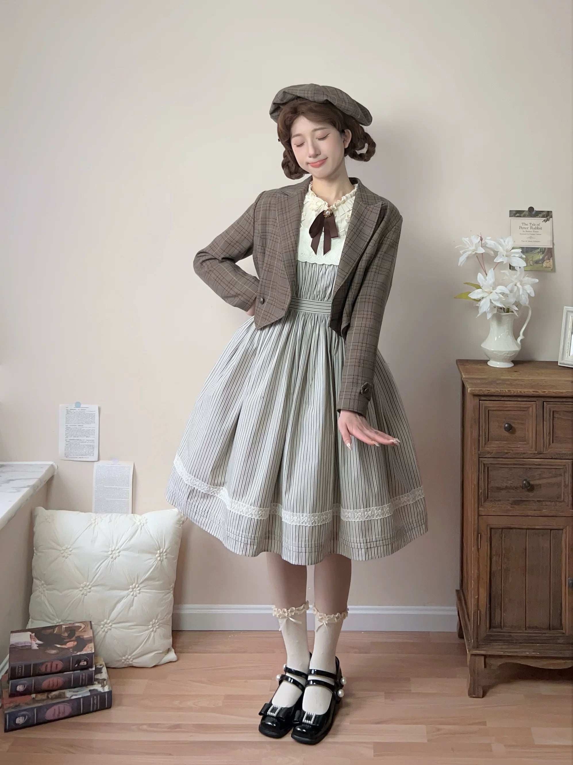 Stripe Minuet - Classic Lolita Striped JSK Dress, Embroidered Neckline 45317:844816