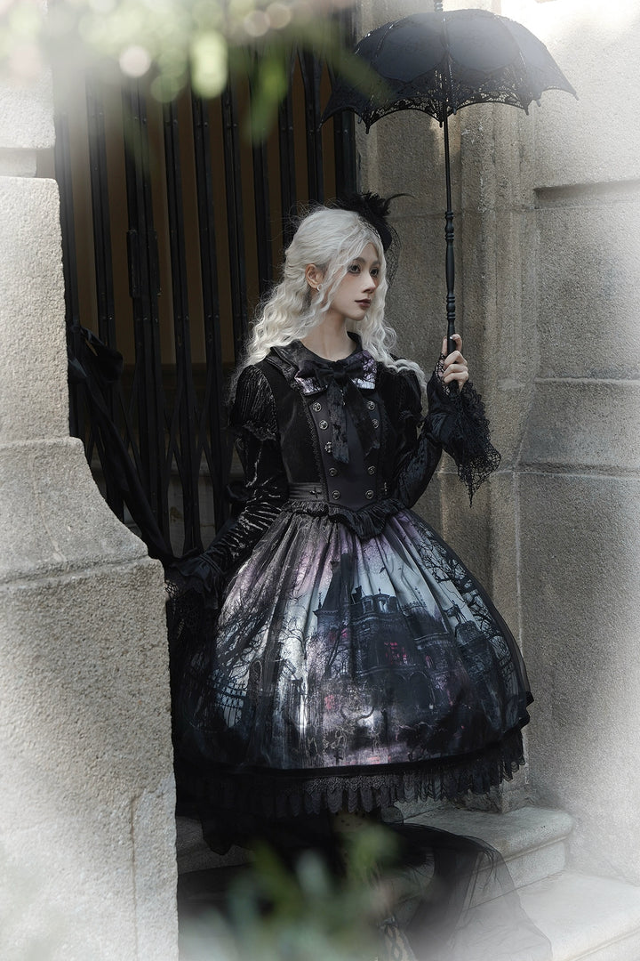 LilithHouse~Horror House~Gothic Lolita OP Set with Cape and Castle Print