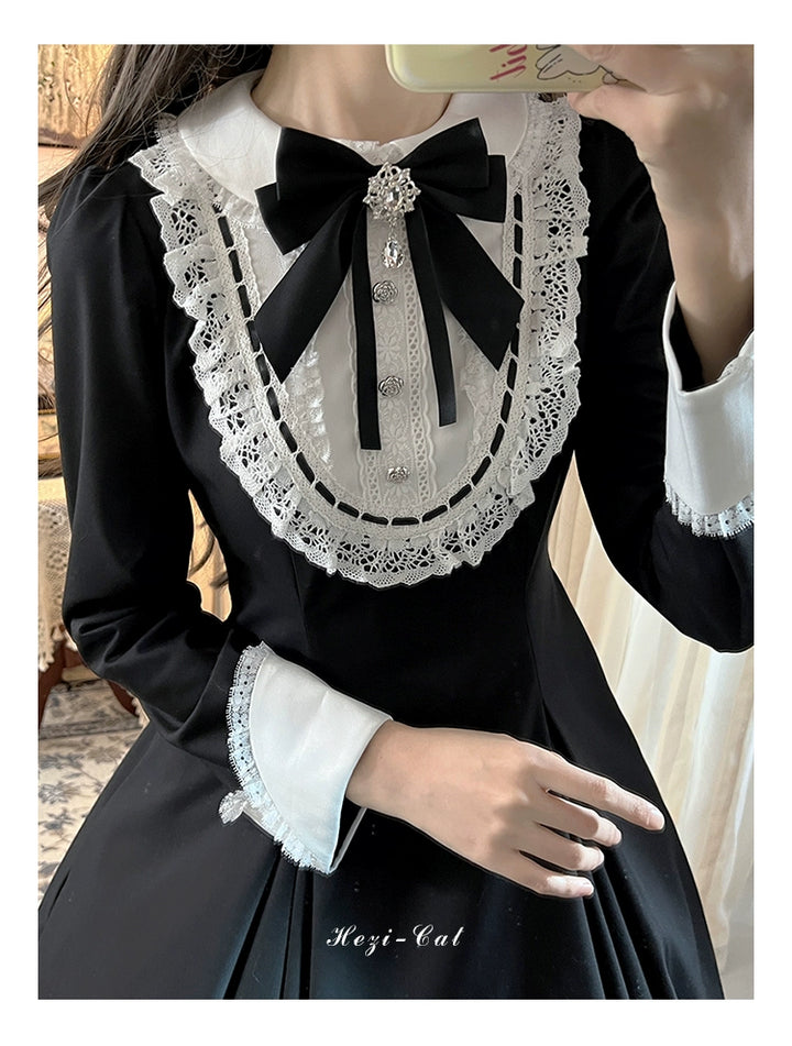 Hezi's Cat Haven~Black Cat Butler~Maid Lolita OP Dress Elegant Black and White Dress