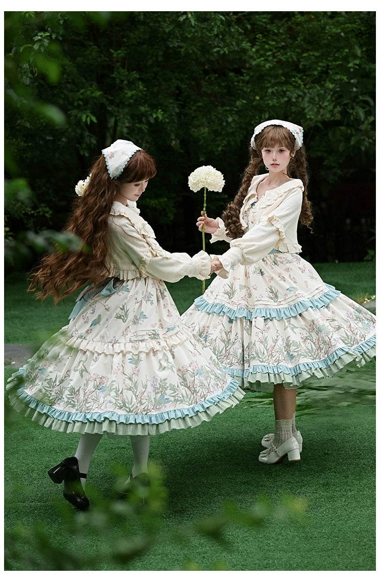 With PUJI - Oriole Time - Country Lolita JSK and OP Dress, Floral and Bird Print 44048:794564