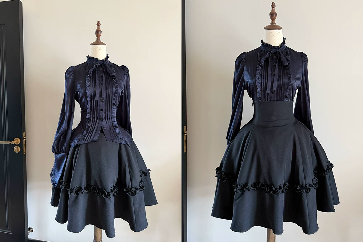 Misty Night Bell - Gothic Lolita Long Sleeve Blouse, Pintuck Placket