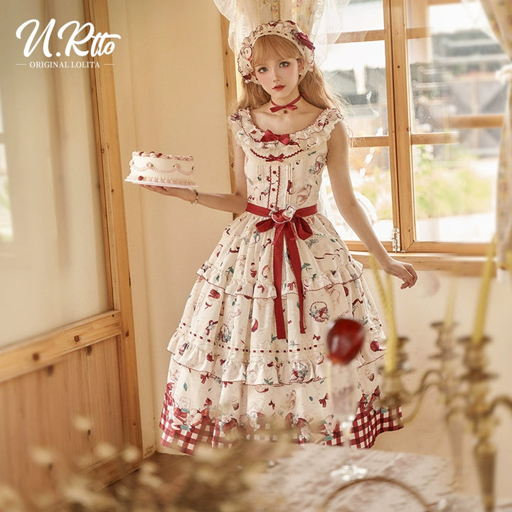 Urtto~Apple Tea~Country Lolita Dress Elegant Floral Print JSK Dress S Long JSK - Beige 