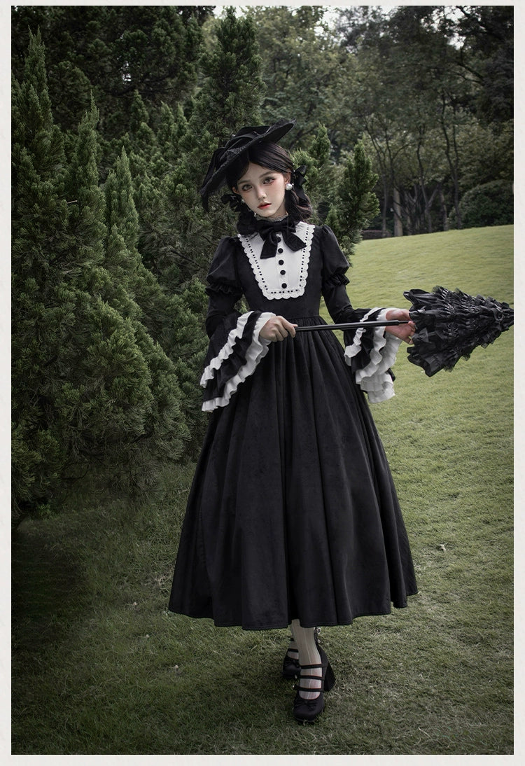 With PUJI~Sleepless Night~Classic Lolita Black OP Dress White Princess Sleeves   