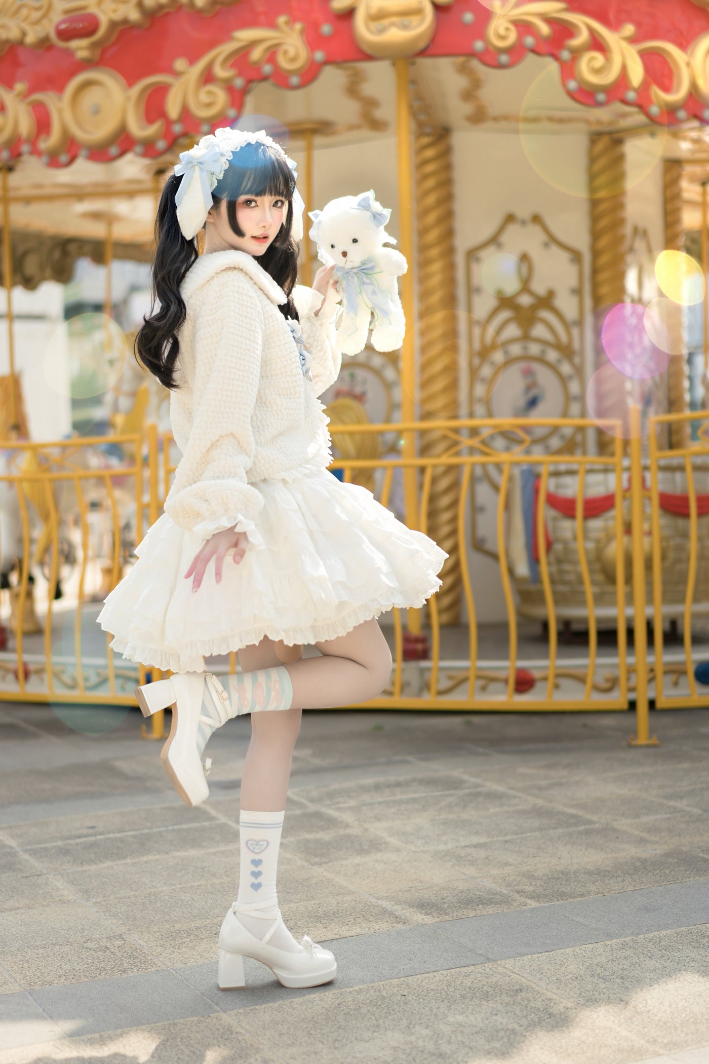 Fishing boss~Kawaii Lolita Assorted Color Skirt Suits S full set(blue short sleeve shirt+white skirt+beige coat) 