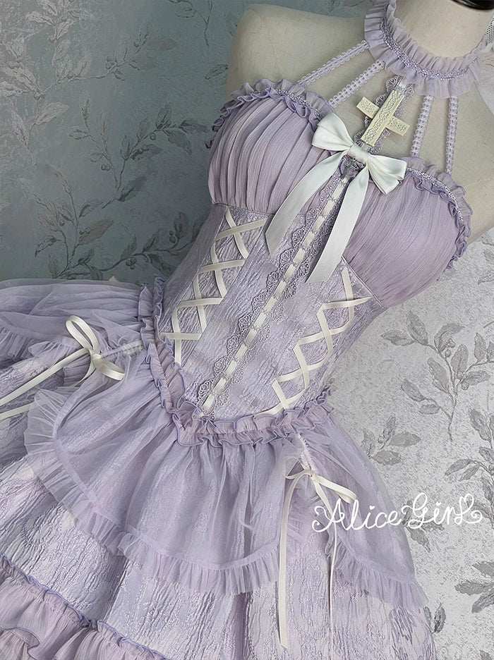 Gothic Lolita Purple JSK Dress With Cross Halterneck & Voile
