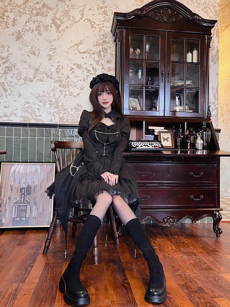 Darknight Creed - Gothic Lolita Jacquard OP, Irregular Hem & Cross Pendants 45847:865293