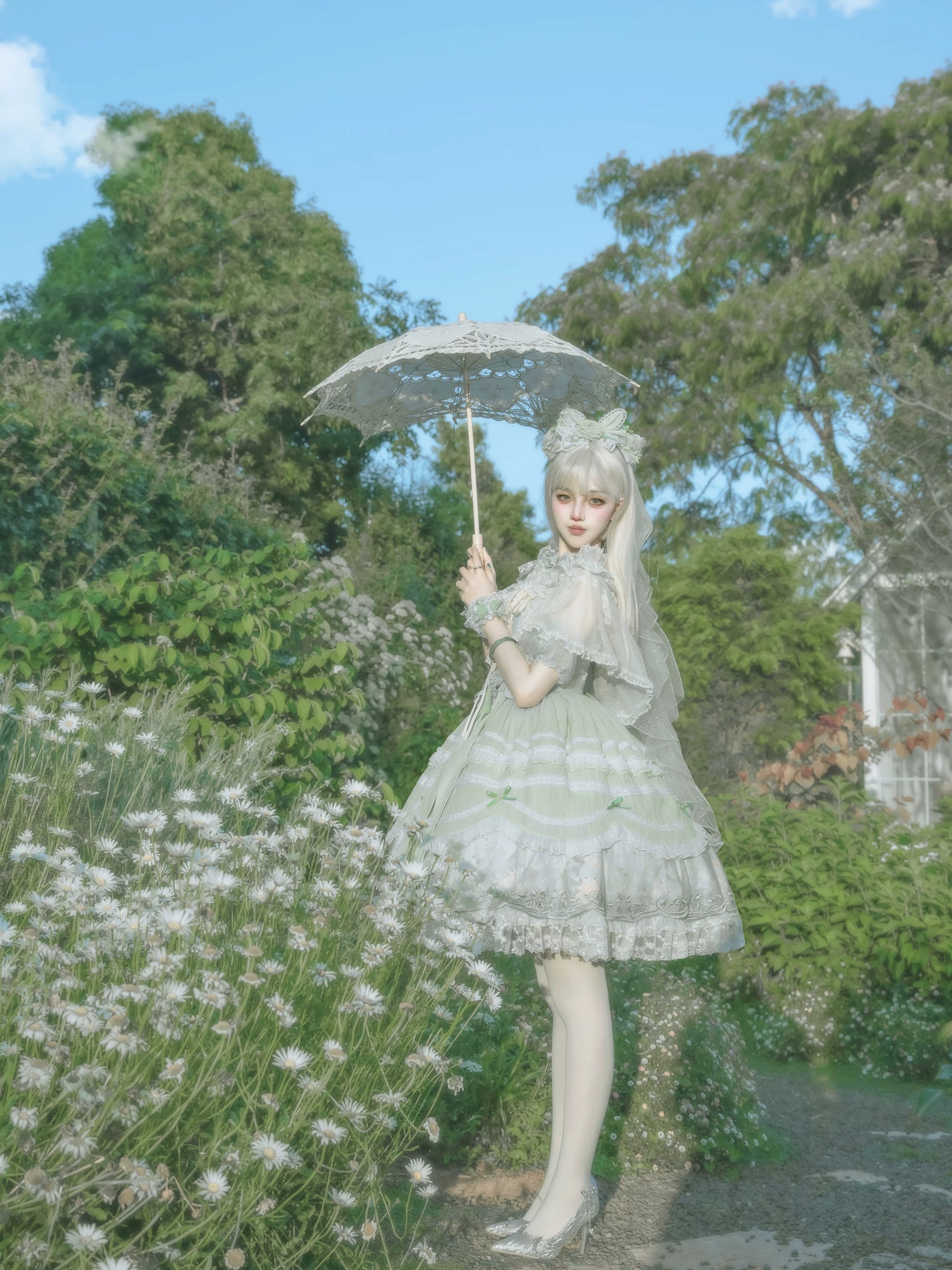 Lily of the Valley Lamb - Classic Lolita Tiered Hem JSK Dress with Embroidery 45277:852036
