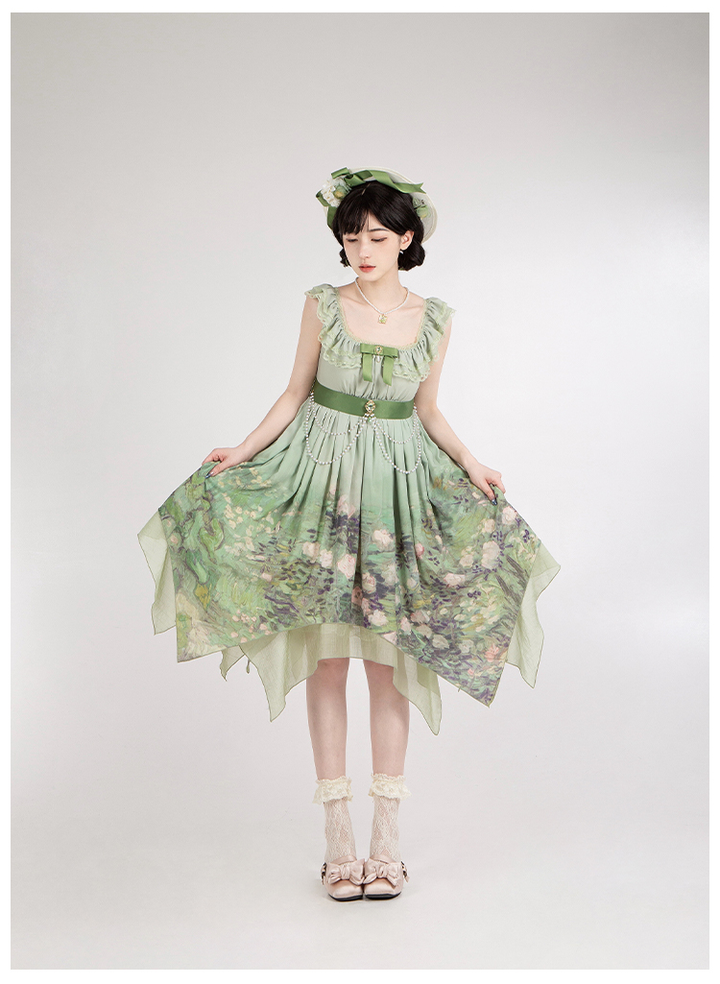 With PUJI~Blooming Rose~Chiffon Classic Lolita Dress Set Painting Styled OP & JSK 42925:758700