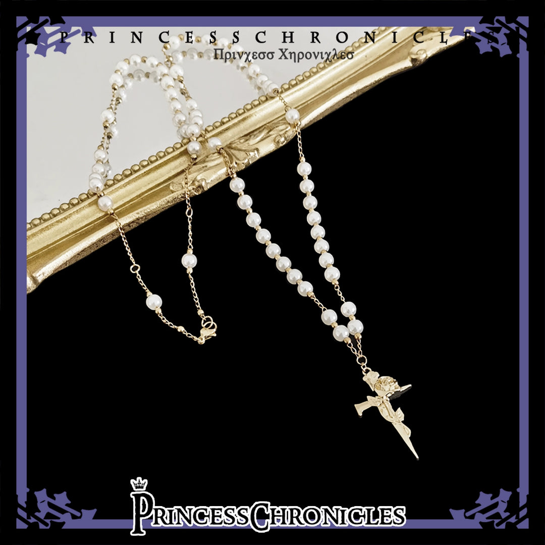 Princess Chronicles~Doll~Retro Lolita Cross Necklace Elegant Pearl Accessory Necklace Gold