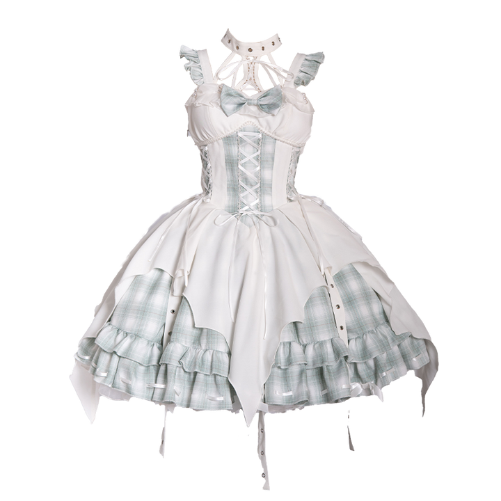 OCELOT~Rock 'N' Row Radio Wave~Punk Lolita JSK Dress Plaid Irregular Hemline Dress S White Green (JSK+KC) 