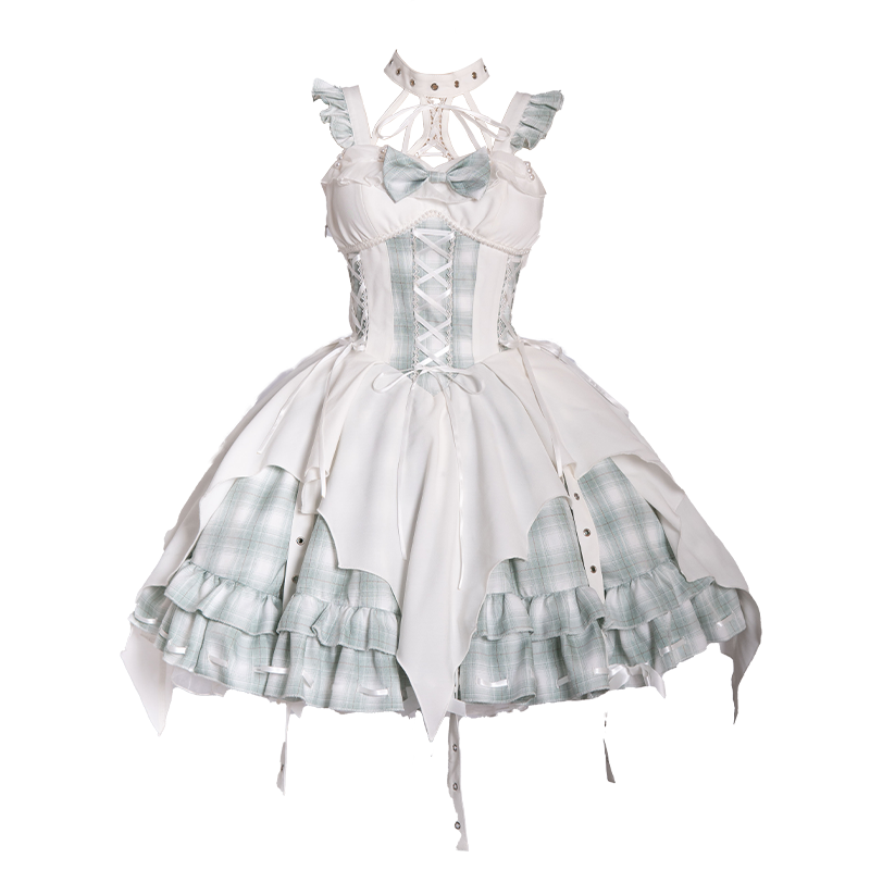 OCELOT - Rock 'N' Row Radio Wave - Punk Lolita JSK Dress Plaid Irregular Hemline Dress S White Green (JSK+KC)