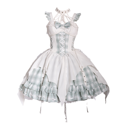 OCELOT~Rock 'N' Row Radio Wave~Punk Lolita JSK Dress Plaid Irregular Hemline Dress S White Green (JSK+KC) 