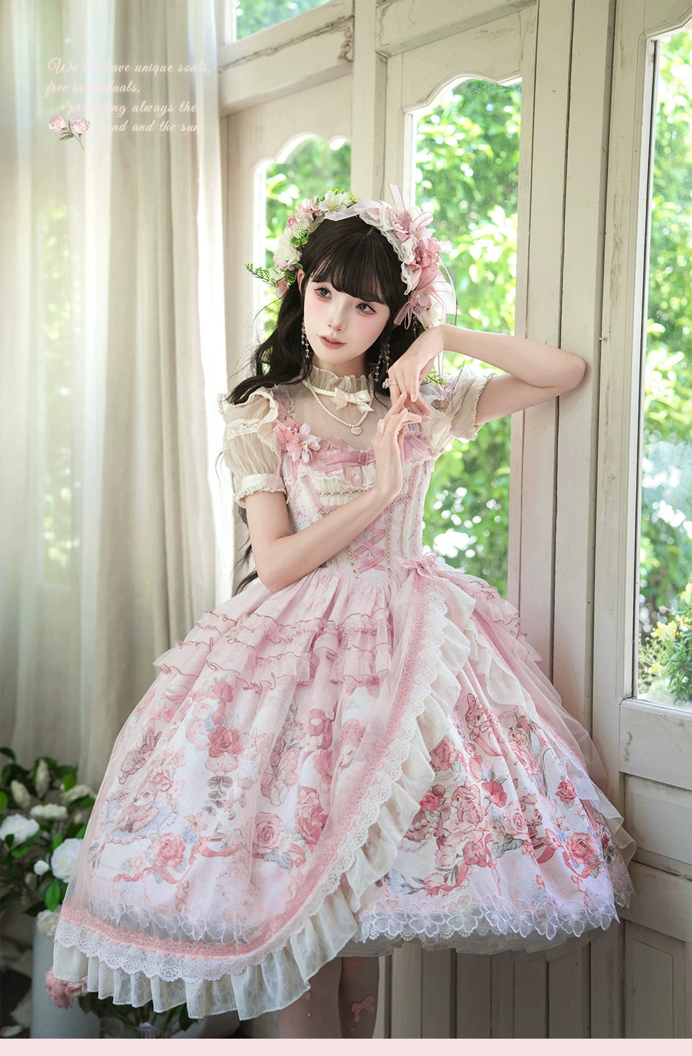 Deer Garden - Sweet Lolita Deer Printed JSK Dress with Tulle Overlay 45607:855257