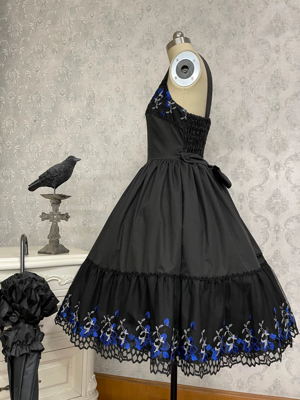 Alice of the Night - Gothic Lolita JSK Cotton Dress, Embroidery & Blue Florals