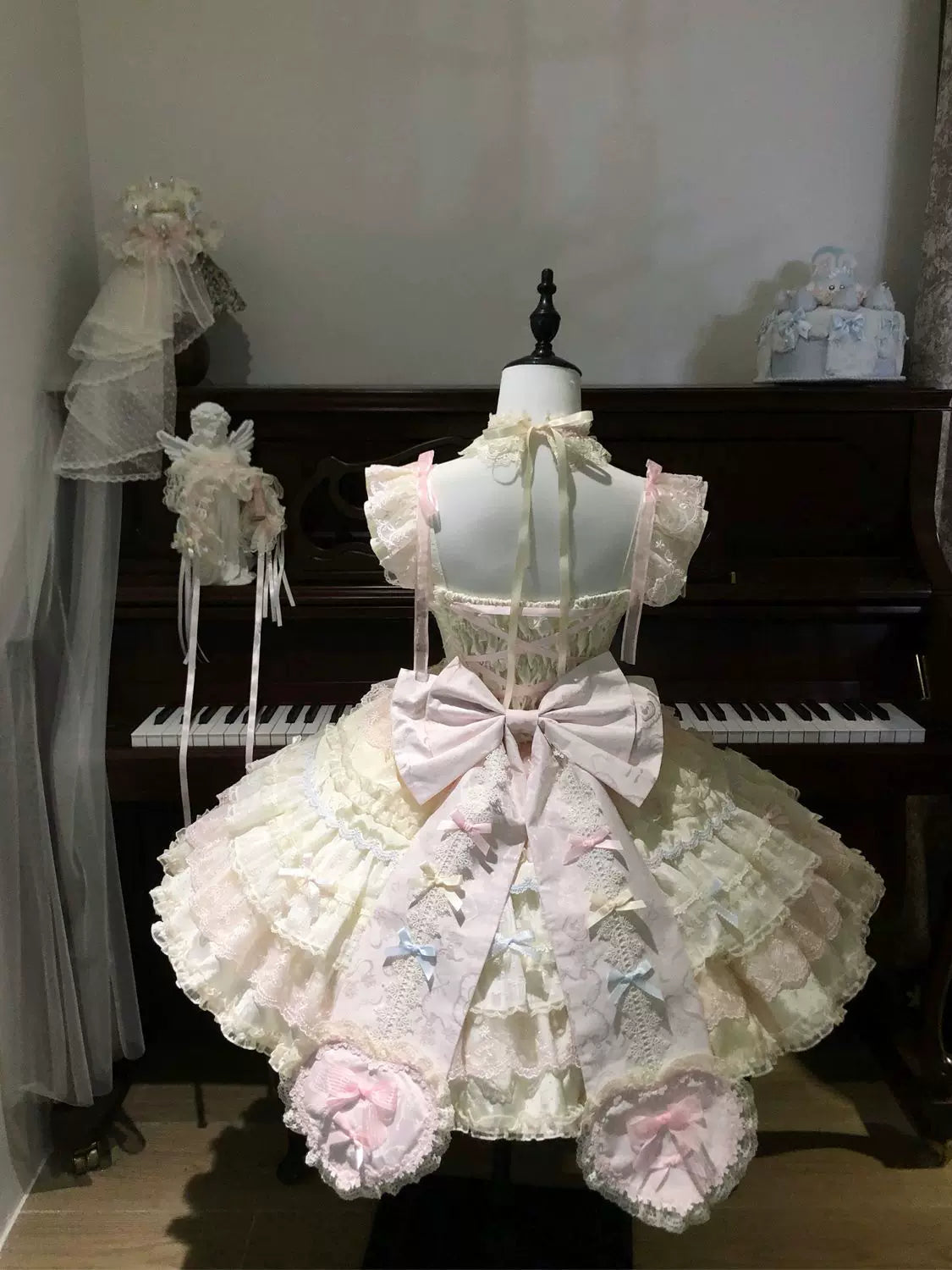 Cloud Whale Dream - Sweet Lolita Corset JSK Dress, Tiered Hem & Bows Apricot JSK + Bow Trailing S