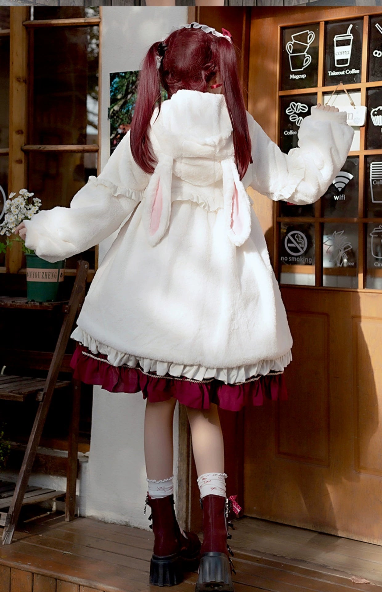 ZhiJinYuan~Sweet Lolita Coat Thickened Fluffy Bunny Ears Long Overcoat   