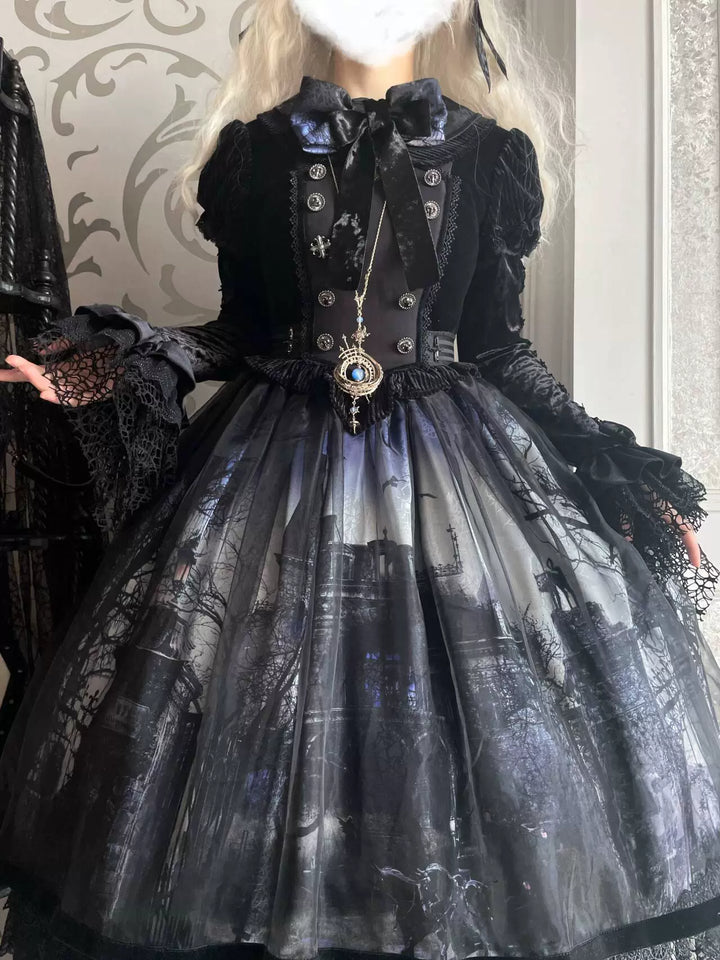 LilithHouse~Horror House~Gothic Lolita OP Set with Cape and Castle Print 42156:729023