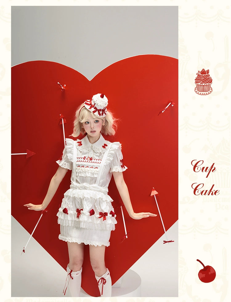 Mademoiselle Pearl - Cup Cake - White, Red Bow, Sweet Lolita Dress Set