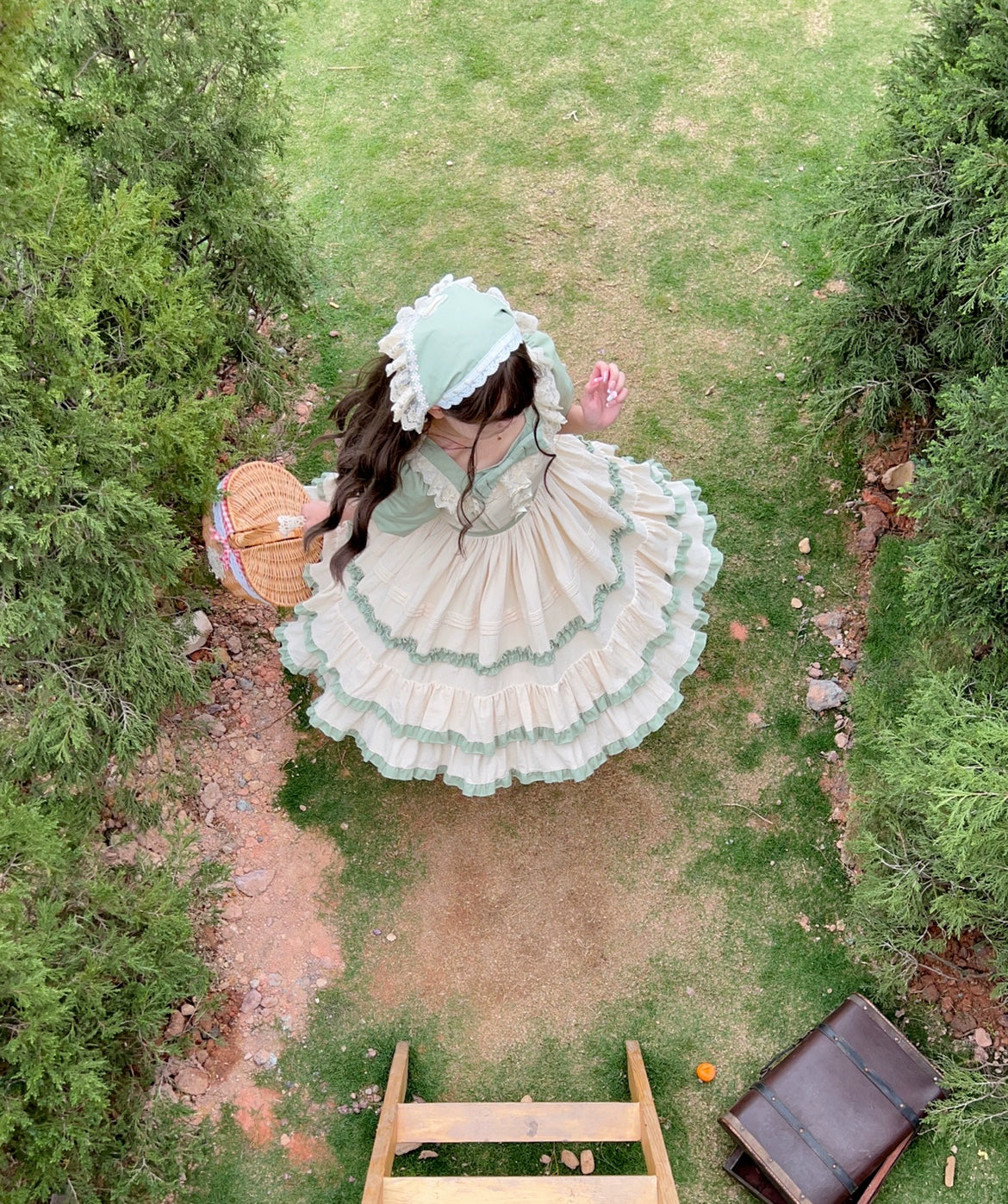 Sugar Girl~Country Lolita OP Dress Short Sleeve Summer Dress Grass Green Triangle Scarf (Headdress) S 