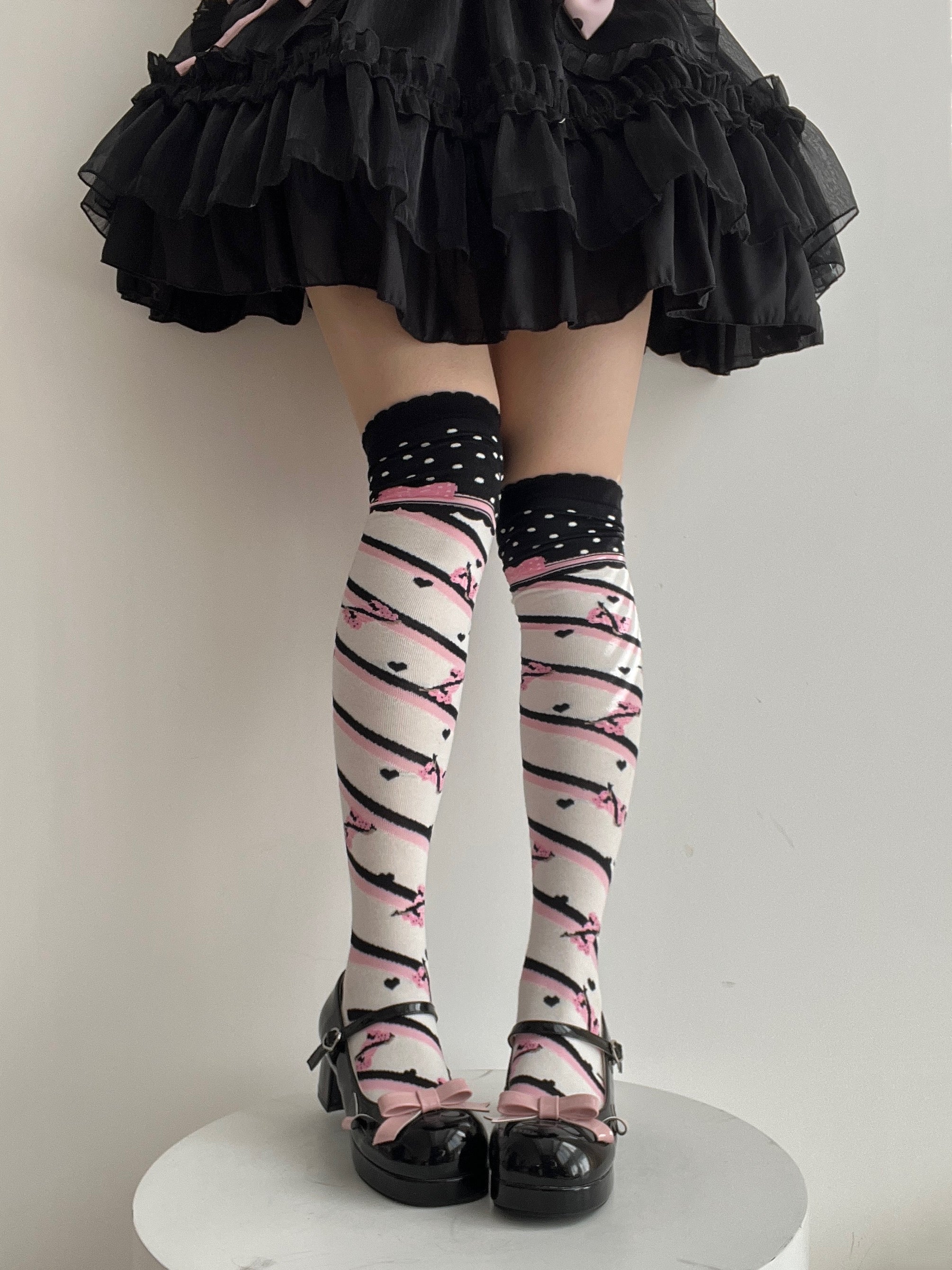 Roji roji - Little Candy Cotton Lolita Knee Socks One Size wide black-pink stripe