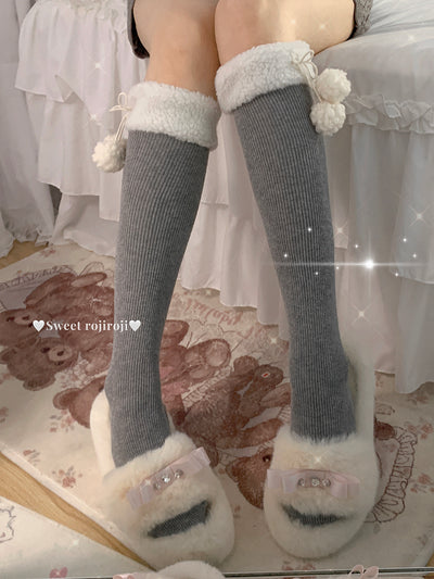 Roji Roji~Winter Fuzzy Ball Lolita Socks Over Knee Thick Socks Free size Light gray (calf socks)-45cm 