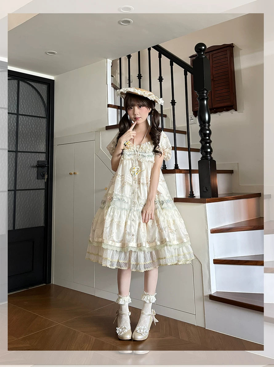 Daisy Poetry - Classic Lolita Lace JSK & OP Dress, Daisy Print and Embroidery 45825:864051