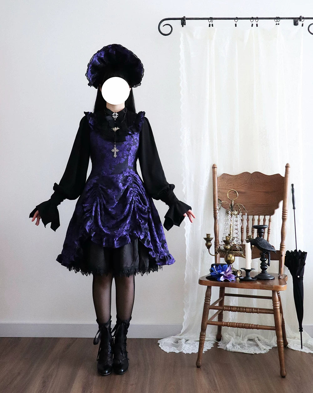 Midnight Lily - Gothic Lolita Lily Jacquard JSK Dress, Drawstring Lift-up Hem 45765:861818