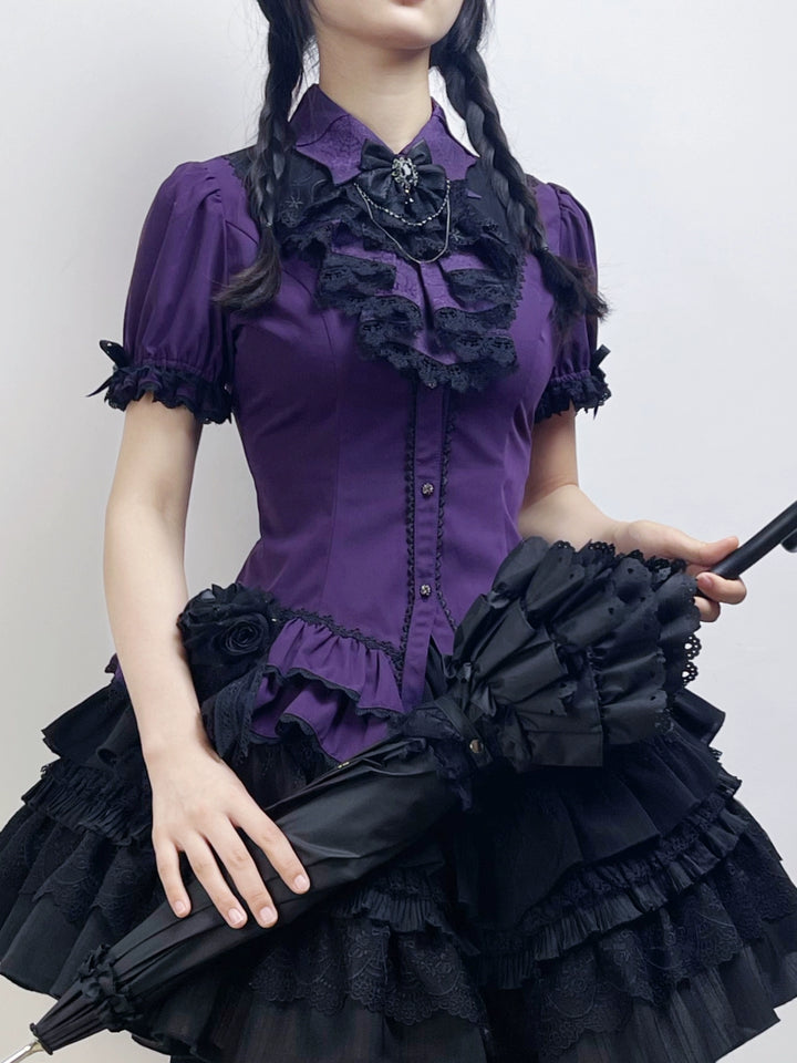 (BFM)Lilizi~Crumbled Gift~Gothic Lolita Shirt Short Sleeve Blouse Neckerchief Brooch   