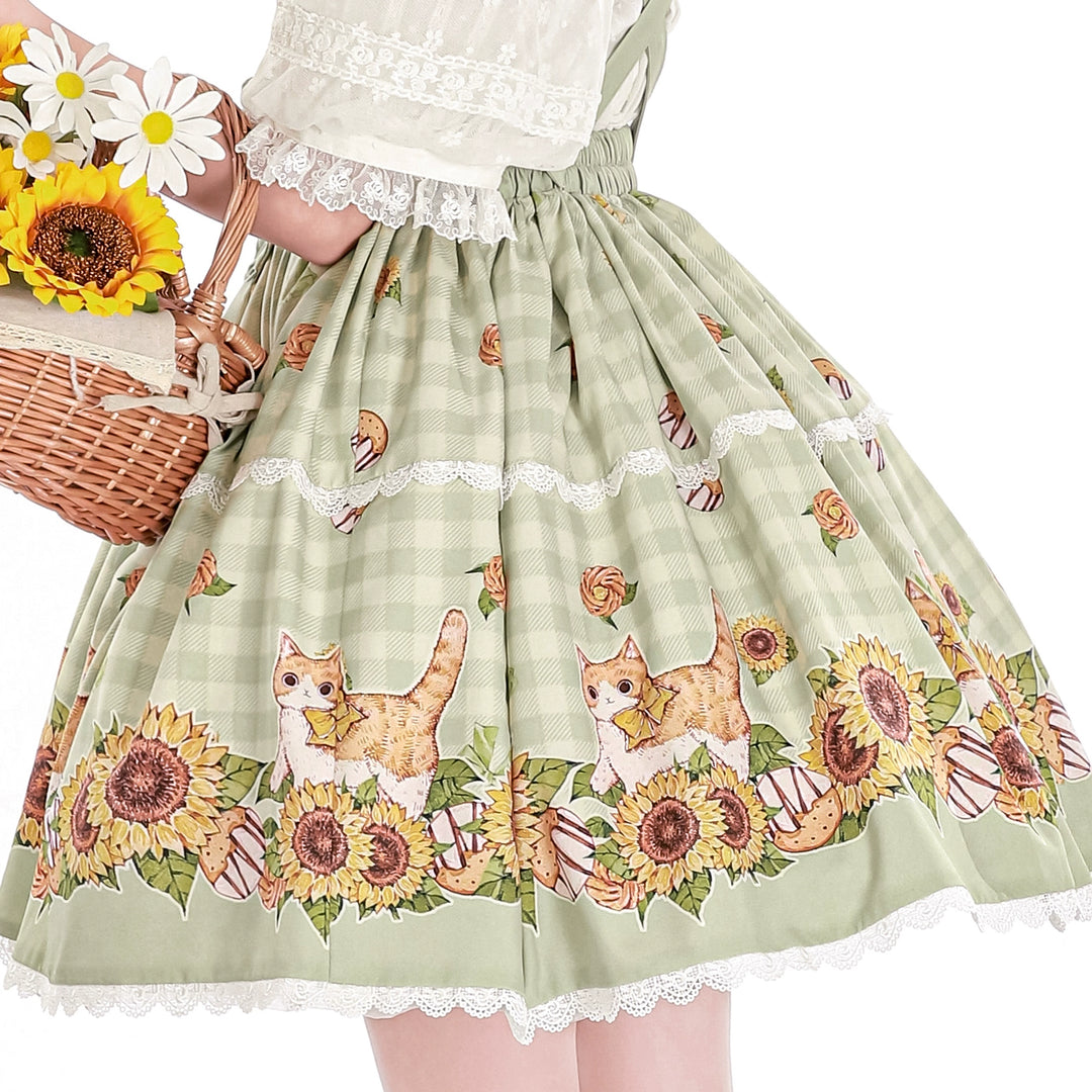 Chaton Jardin~Sunny Cat~Sweet Lolita Suspenders SK Sunflower Print Lolita Skirt Small size (fits S-M) Light green 