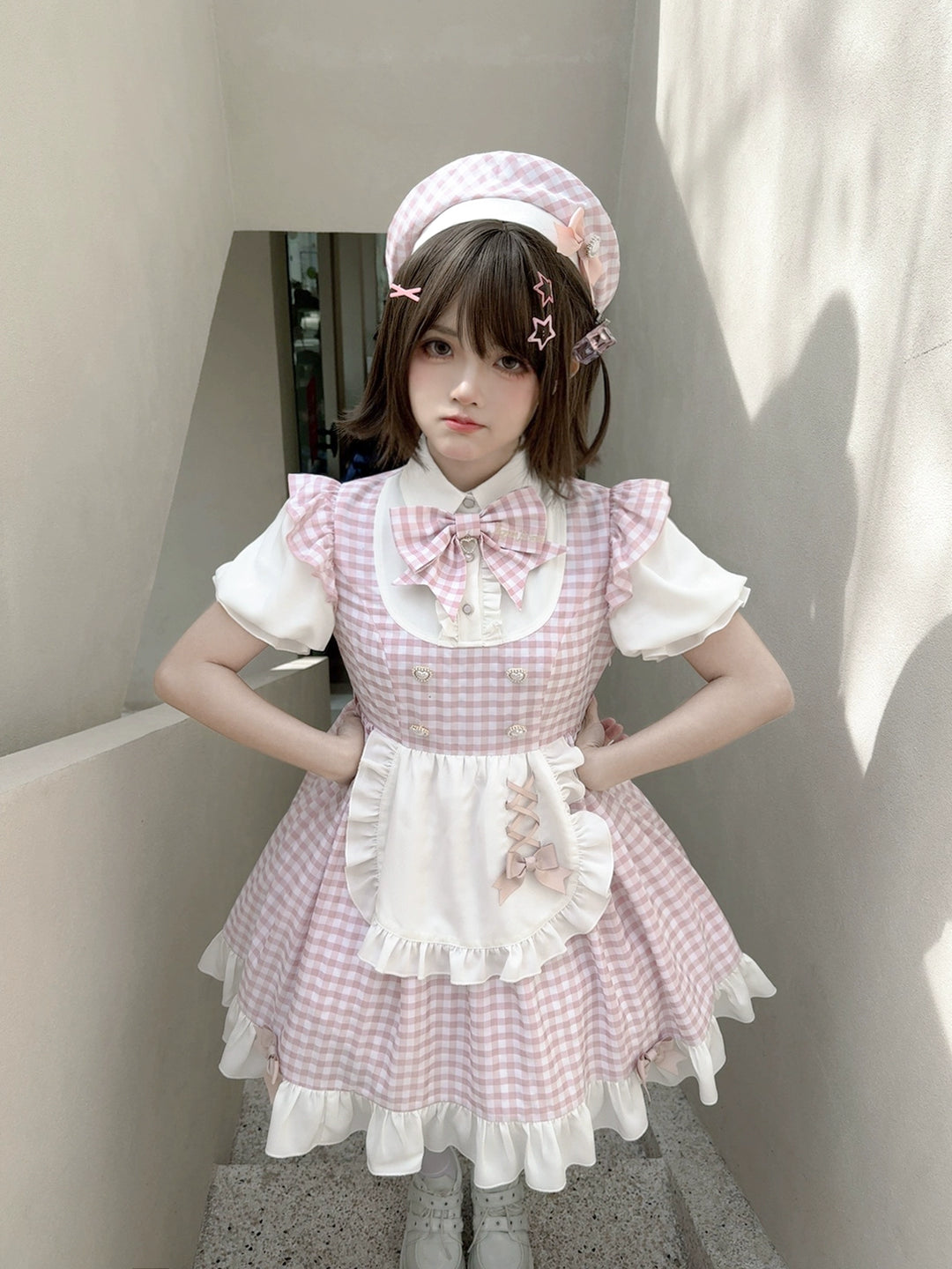 PuppetBombs~Sweet Lolita Dress Pink Plaid Jirai Kei Dress Short Sleeve